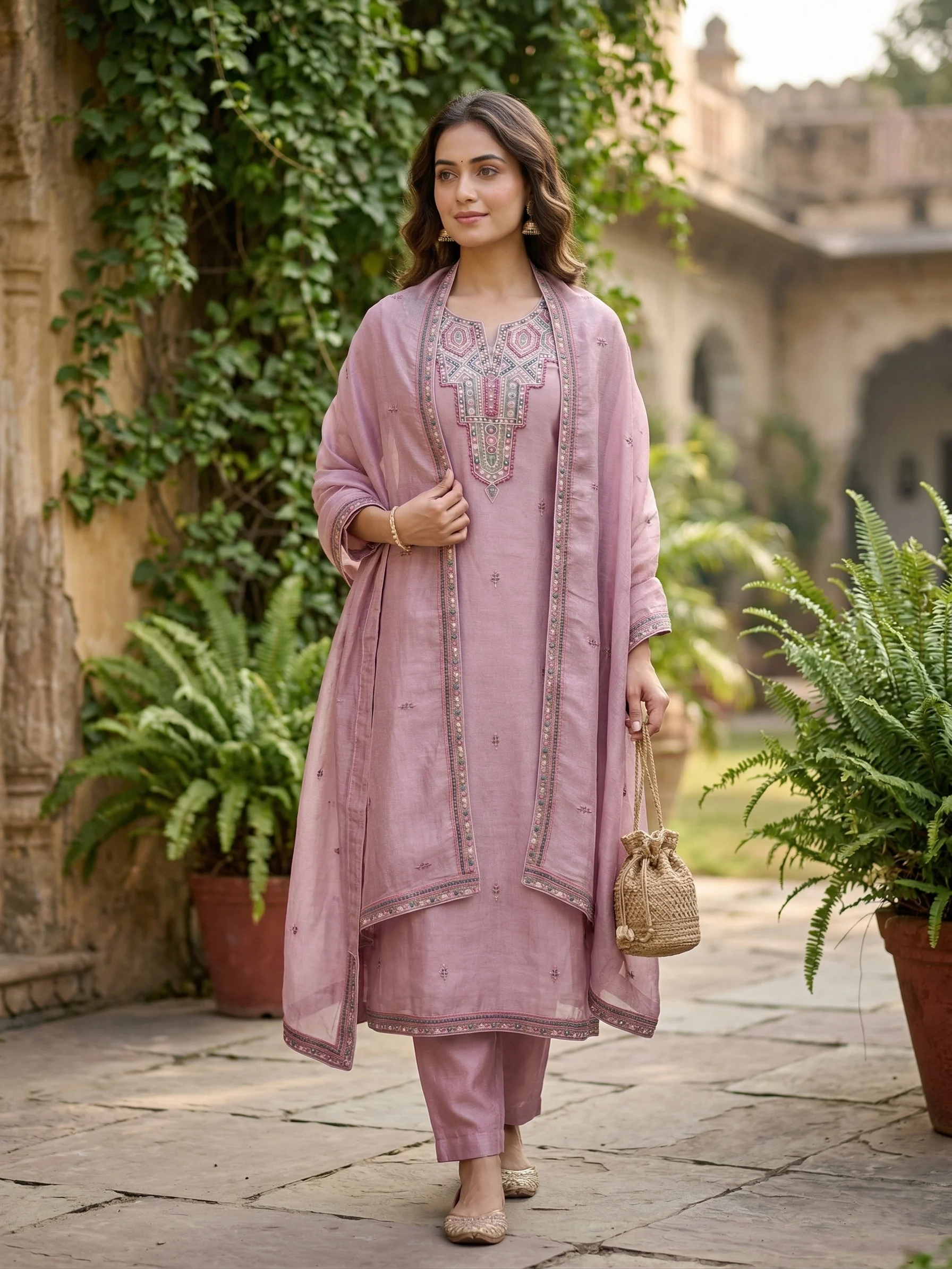 DUSTY ROSE EMBROIDERY SILK SUIT — Dusty Rose handcrafted embroidery Imported Silk — Nari18 Unstitched Suit