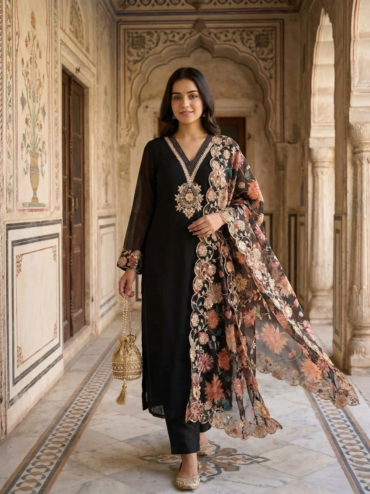 Black Crape Unstitched Suit with Designer Gotta-Patti Neckline — Black Crape Suit — Nari18 Unstitched Suit