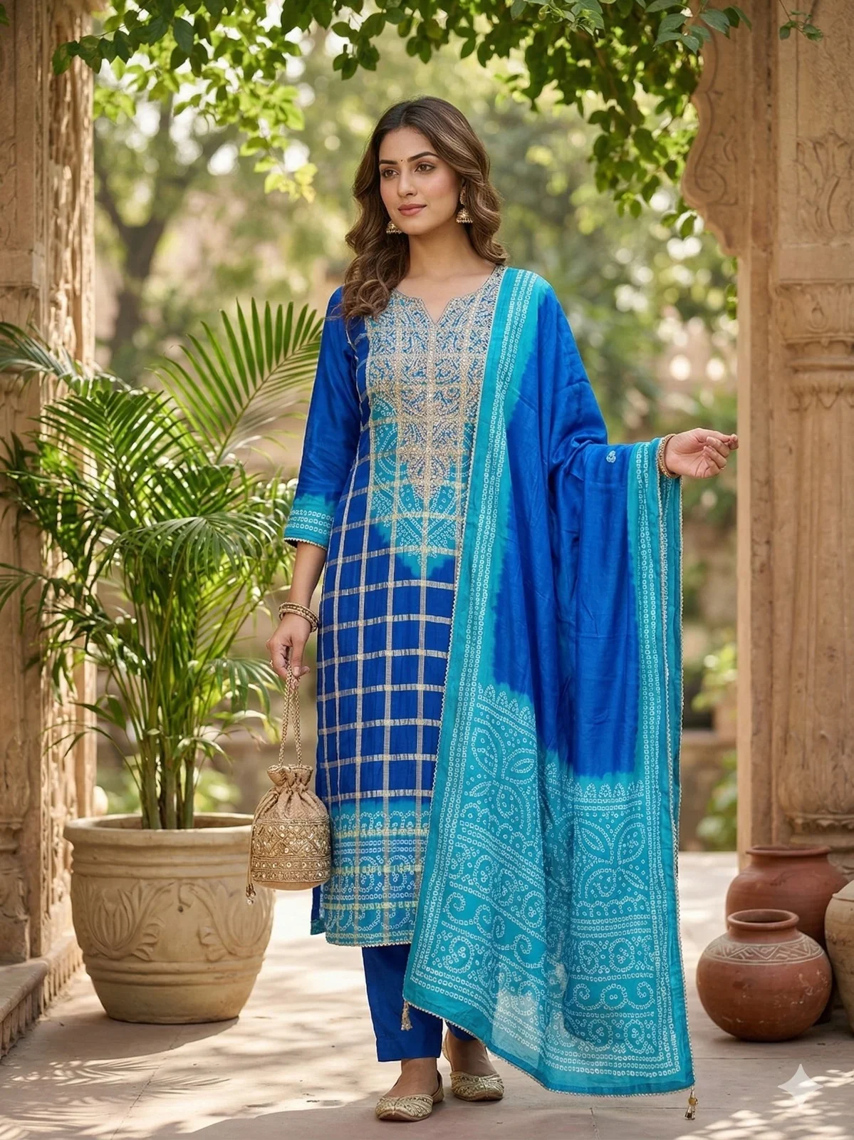 Blue Bandhani Unstitched Suit — Blue Bandhani Suit — Nari18 Unstitched Suit