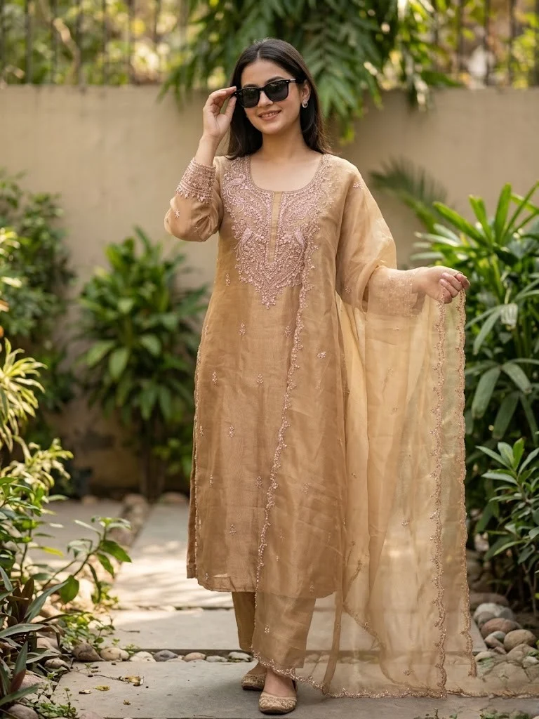 Champagne Gold / Soft Antique Gold Hand Embroidery Unstitched Suit — Champagne Gold / Soft Antique Gold Hand Embroidery Suit — Nari18 Unstitched Suit