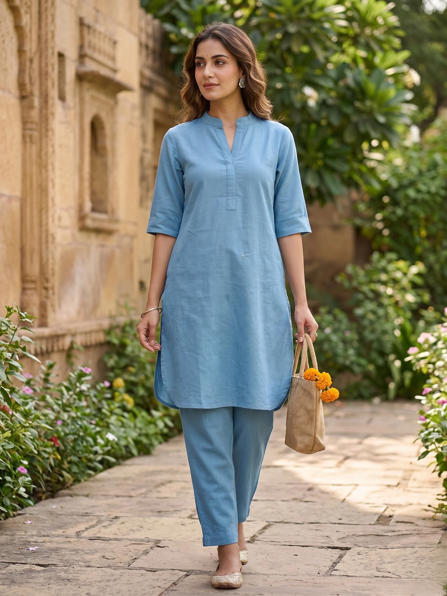 Classic Beige Slub Cotton Co-ord Set — Classic Sky Blue Slub Cotton Co-ord Set colour | Nari18