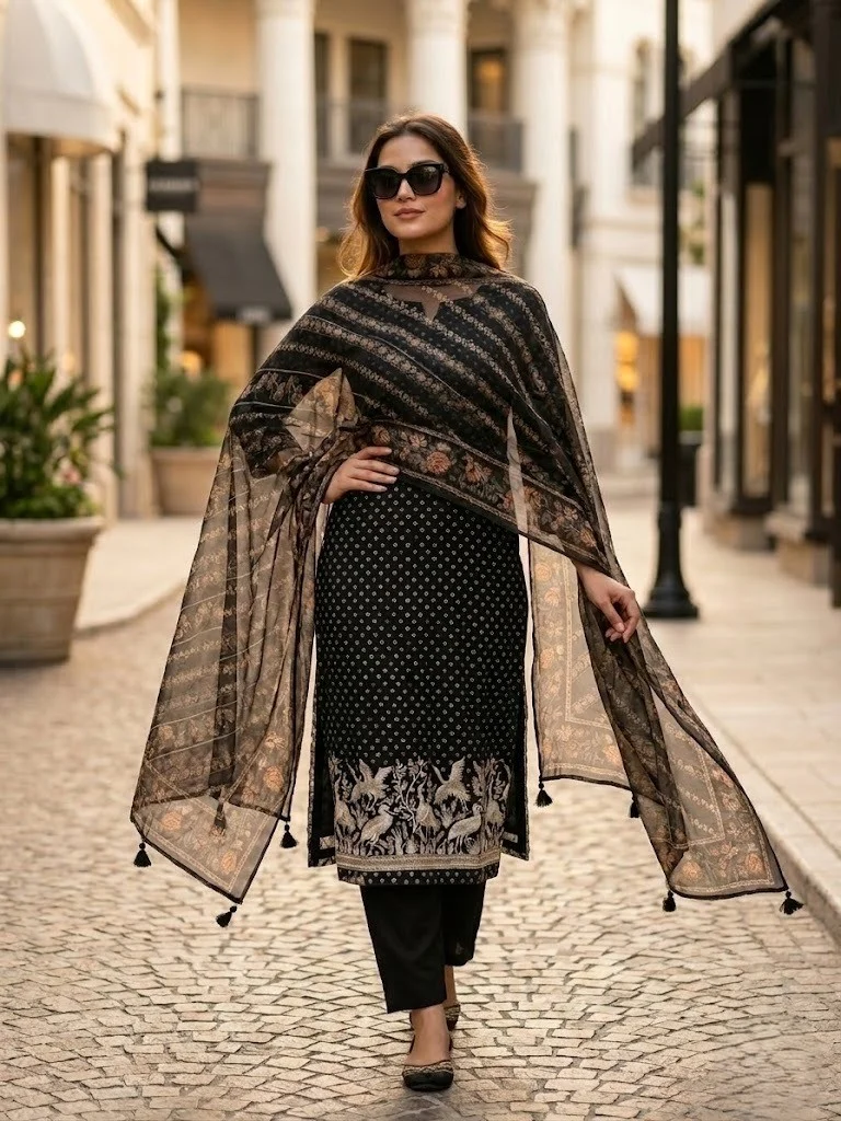 Classic Black Heritage Embroidered Unstitched Suit — Classic Black Heritage Embroidered Suit — Nari18 Unstitched Suit