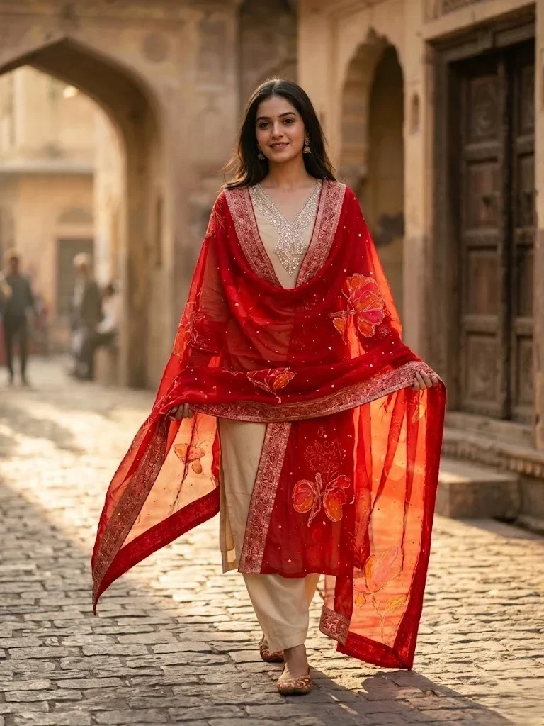 Classic Cream With Contrast Dupatta Unstitched Suit — Classic Cream With Contrast Dupatta Suit — Nari18 Unstitched Suit