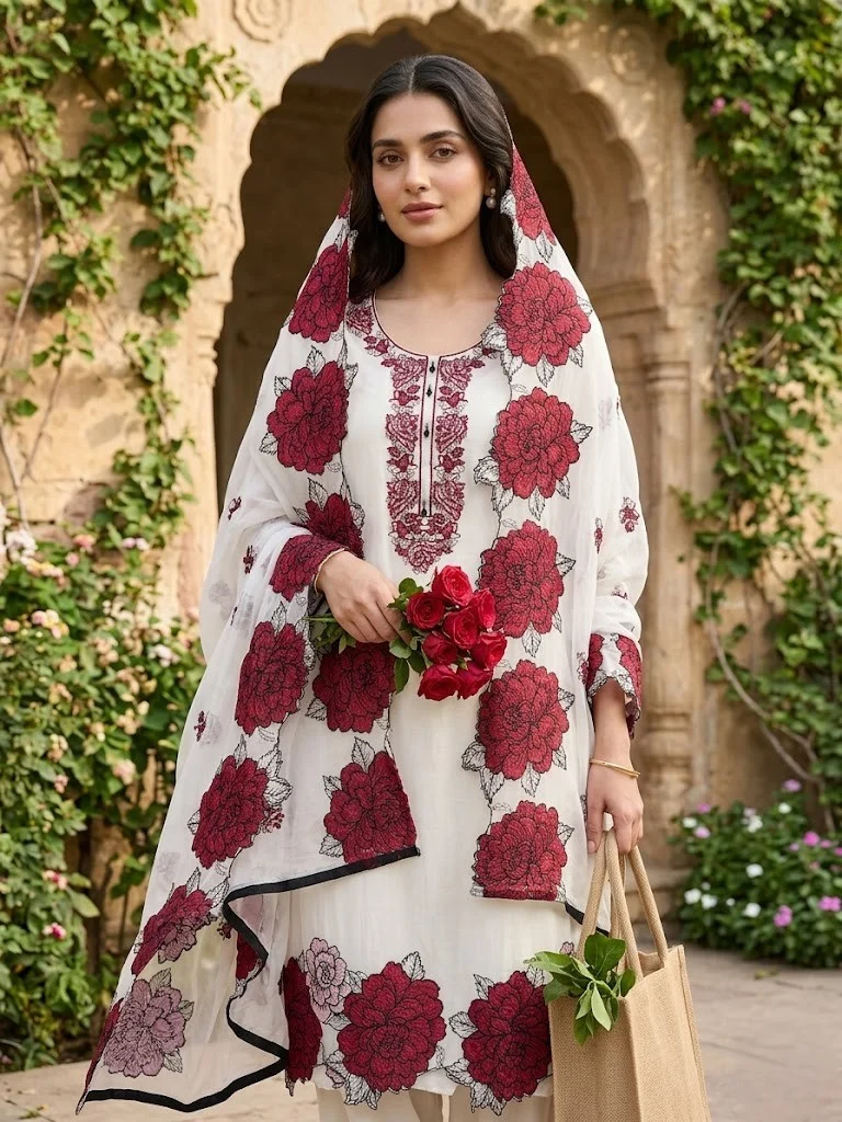 Classic Ivory / Soft Cream Organza Unstitched Suit — Classic Ivory / Soft Cream Organza Suit — Nari18 Unstitched Suit