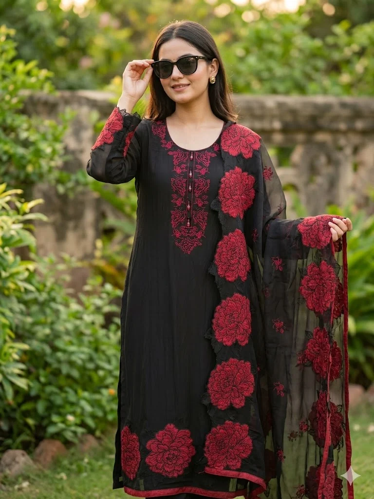 Classic Ivory / Soft Cream Organza Unstitched Suit — Classic Ivory / Classic Black Organza Suit set colour | Nari18