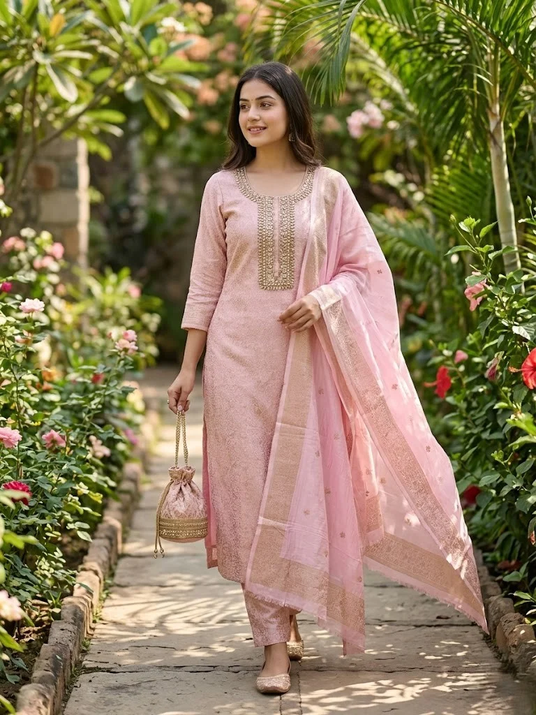 Elegant Blush Pink Silk Unstitched Suit — Elegant Blush Pink Silk Suit — Nari18 Unstitched Suit