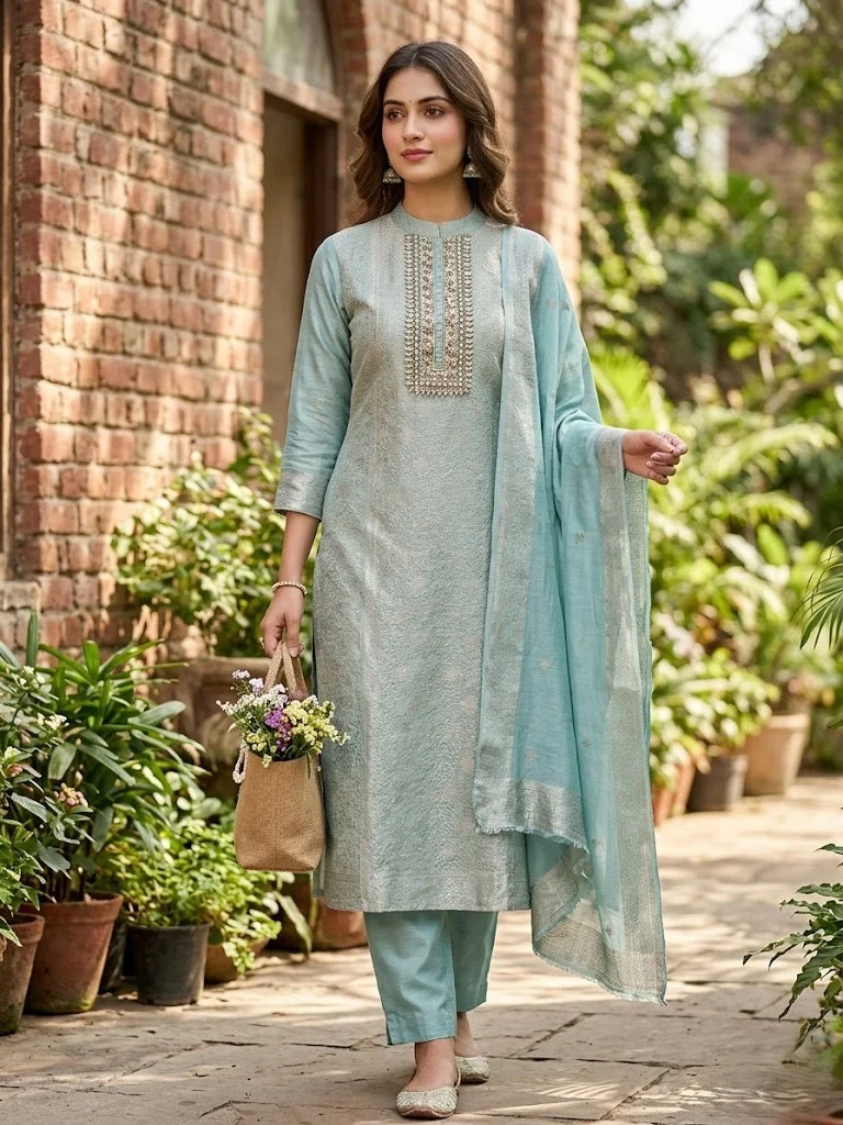 Elegant Blush Pink Silk Unstitched Suit — Elegant Powder Blue Silk Suit colour | Nari18