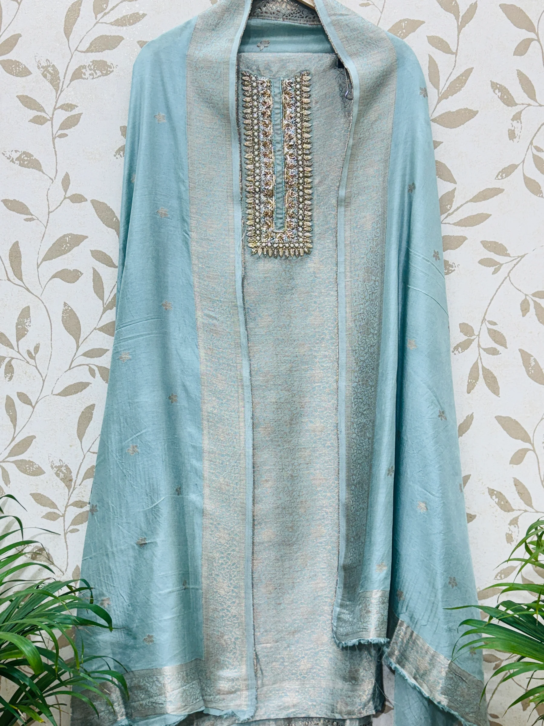 Elegant blush pink silk unstitched suit elegant powder blue silk suit - Nari18