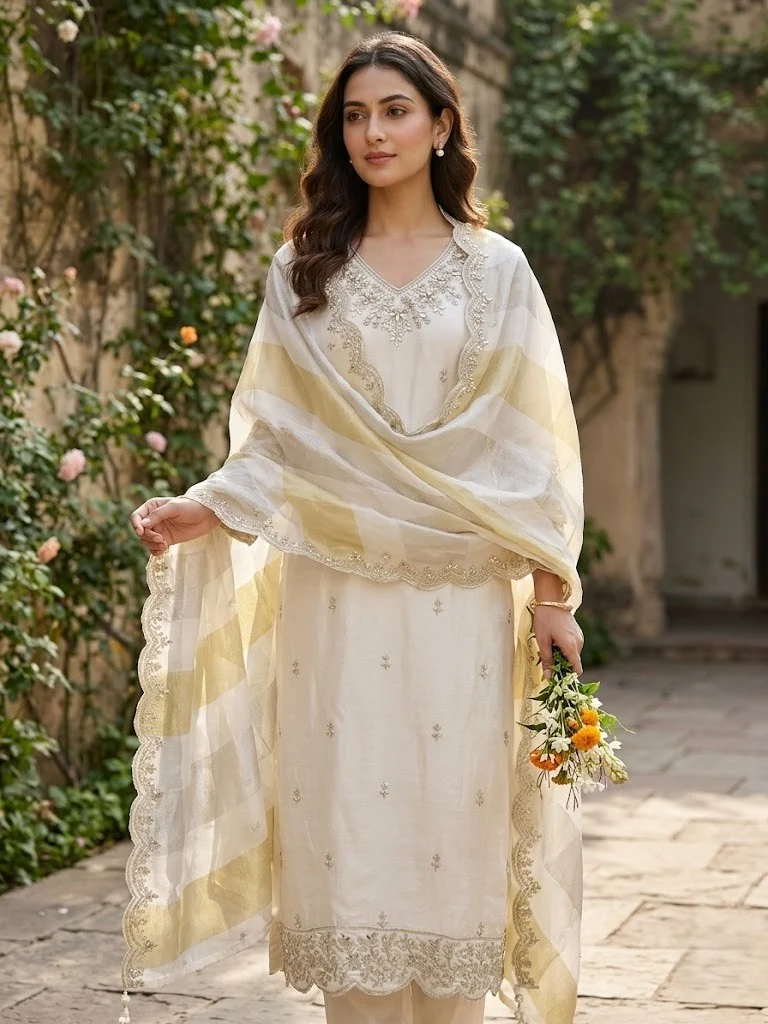 Elegant Ivory / Off-White Silk Unstitched Suit — Elegant Ivory / Off-White Silk Suit — Nari18 Unstitched Suit