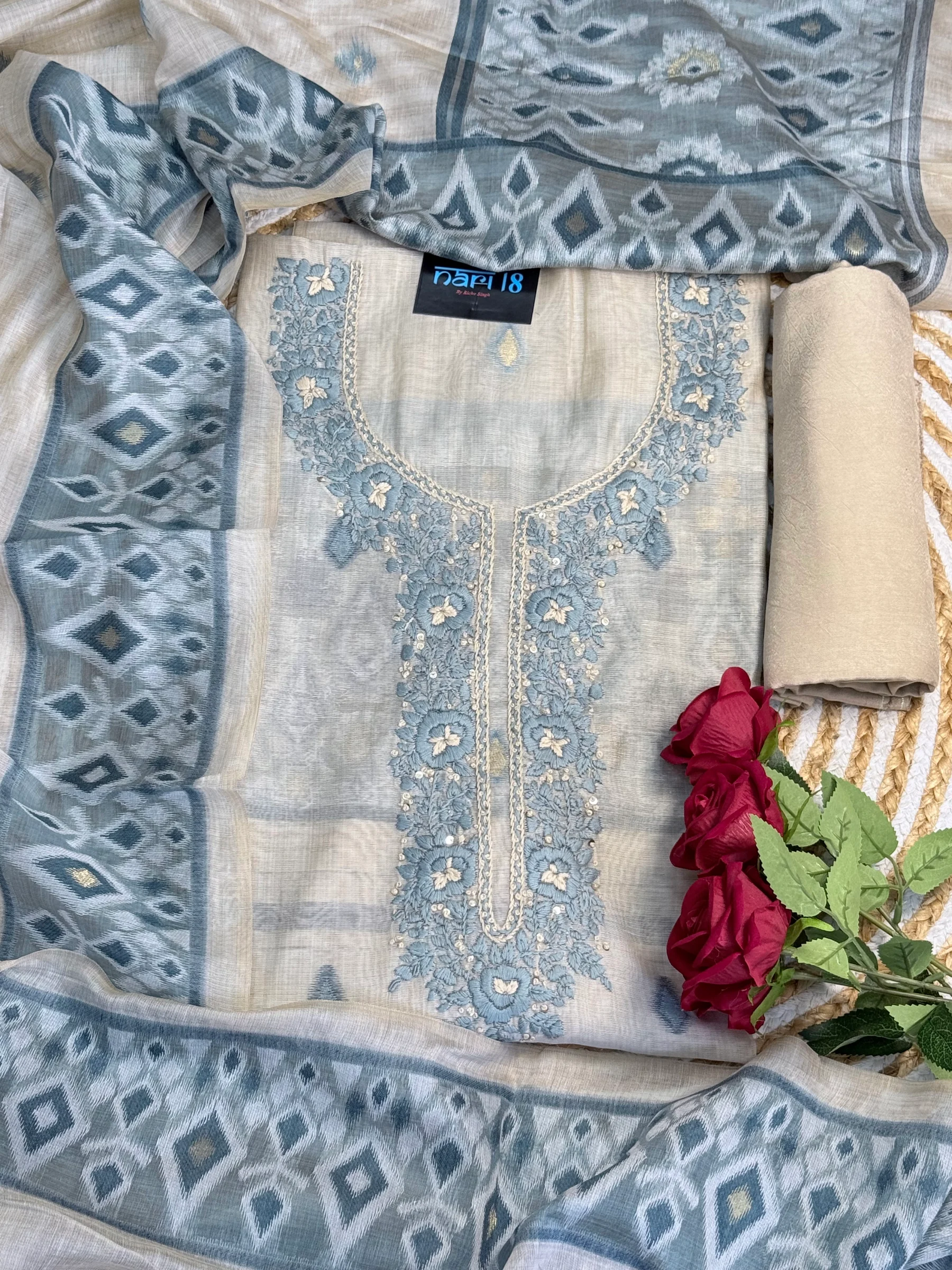Elegant Pastel Green Unstitched Suit — Soft Ivory Blue Chikankari-Inspired Suit colour | Nari18
