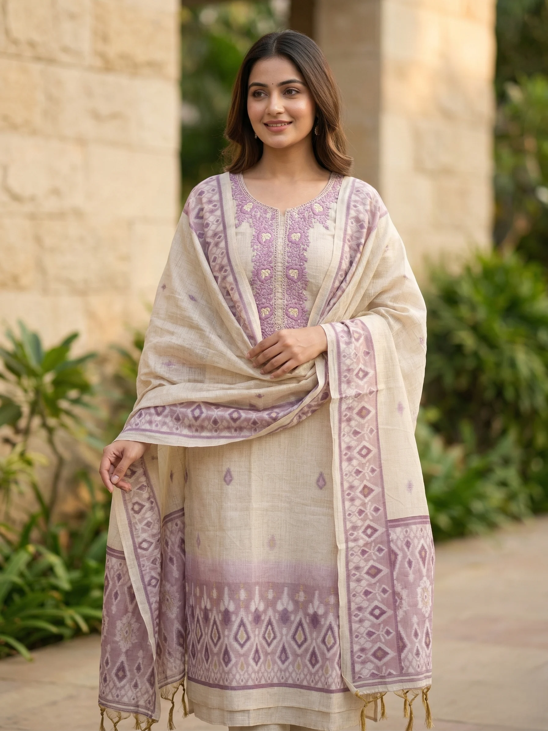 Elegant Pastel Green Unstitched Suit — Ivory Mauve Elegance Suit colour | Nari18