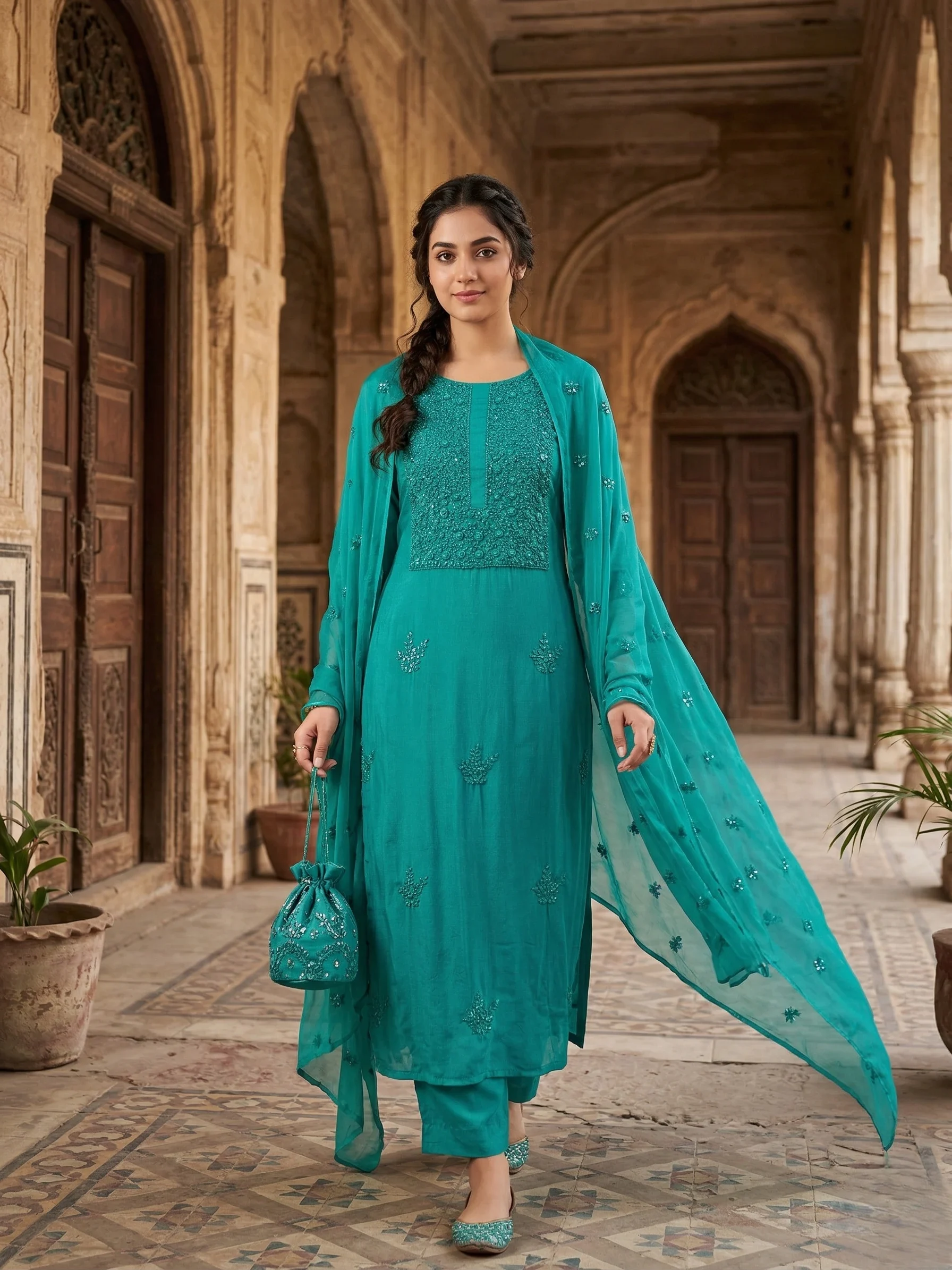 Elegant Pink Chiffon Embroidered Unstitched Suit — Elegant Teal Chiffon Embroidered Suit colour | Nari18