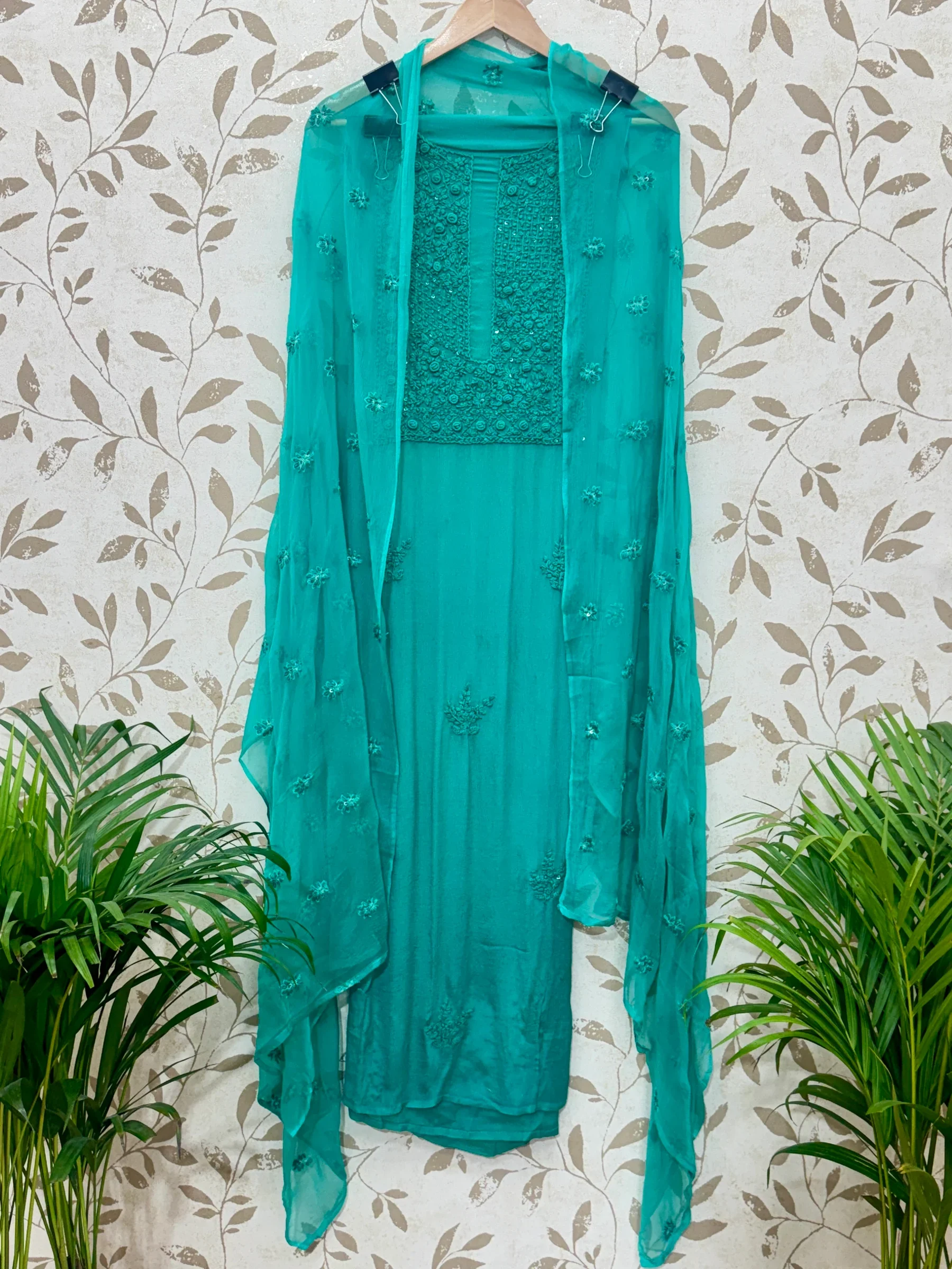 Elegant Pink Chiffon Embroidered Unstitched Suit — Elegant Teal Chiffon Embroidered Suit colour | Nari18