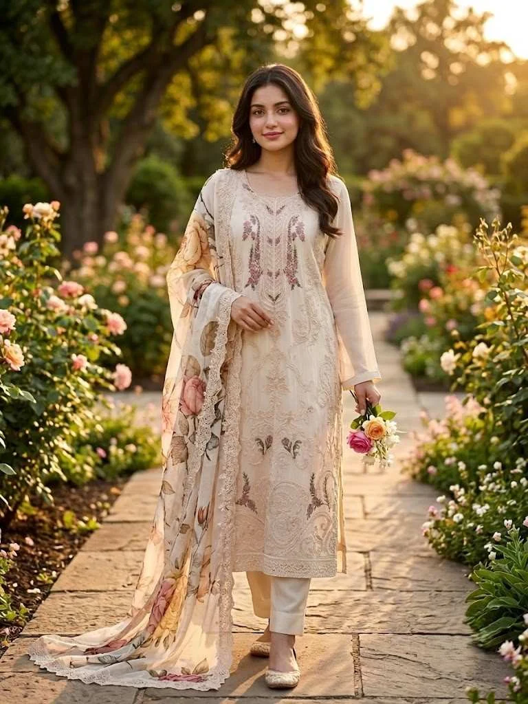 Elysian Ivory Floral Unstitched Suit — Elysian Ivory Floral Suit — Nari18 Unstitched Suit