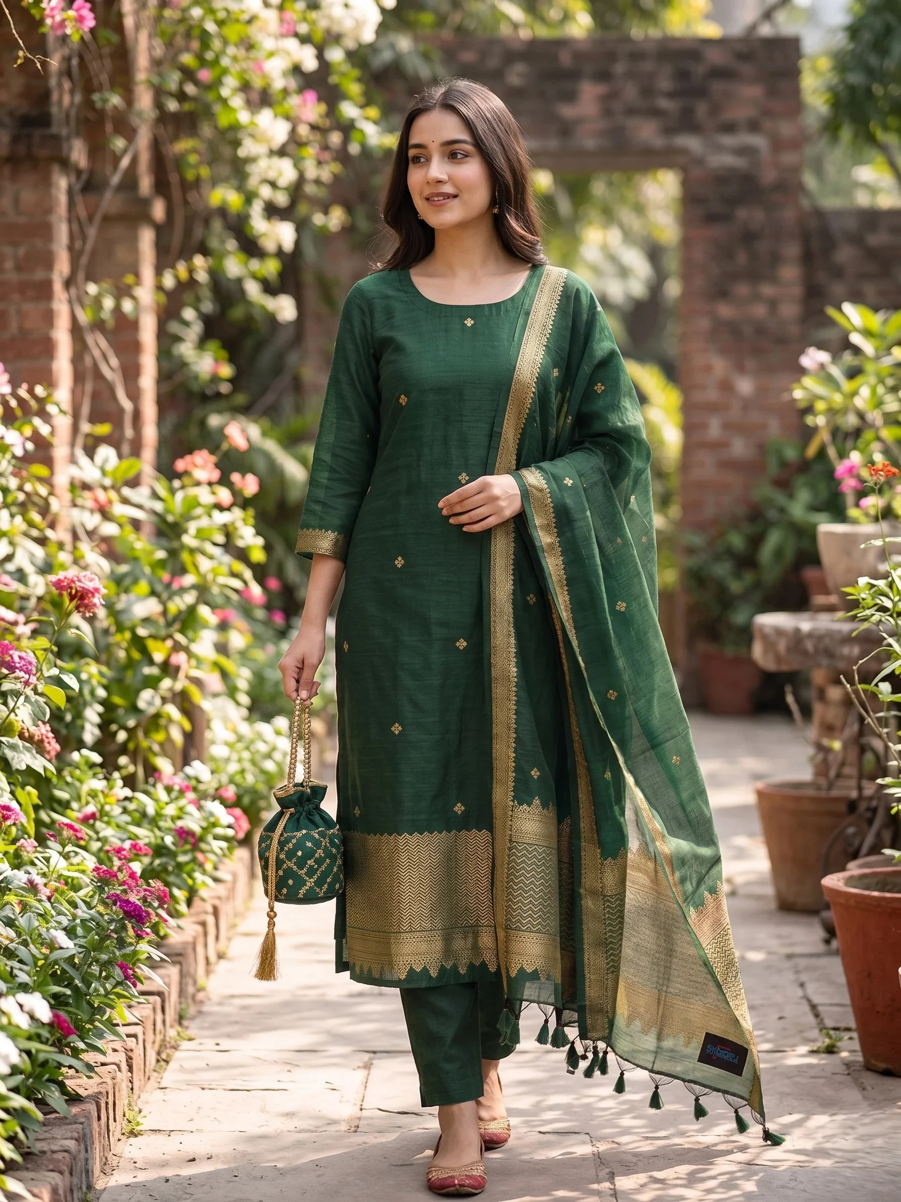Emerald Green Cotton Unstitched Suit Set with Woven Zari Dupatta — Emerald Green Cotton Suit Set with Woven Zari Dupatta — Nari18 Unstitched Suit