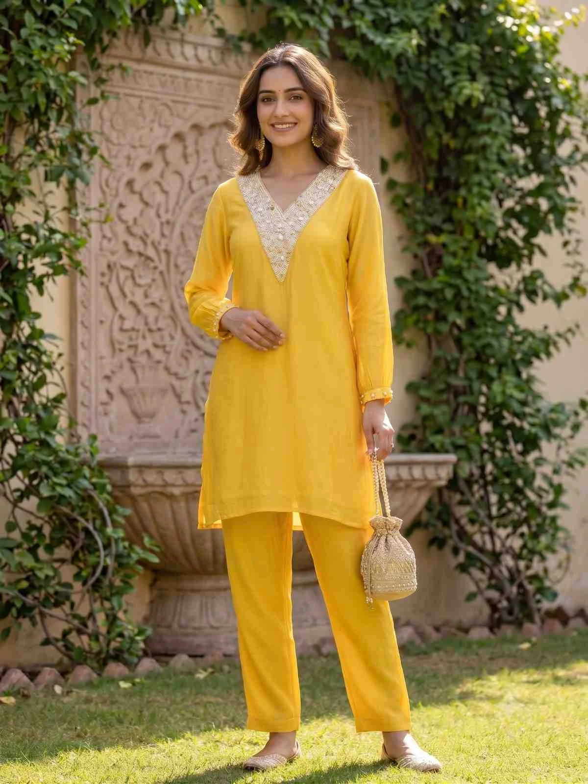 Golden Glow Chiffon Co-ord Set — Golden Glow Chiffon Co-ord Set — Nari18 Unstitched Suit