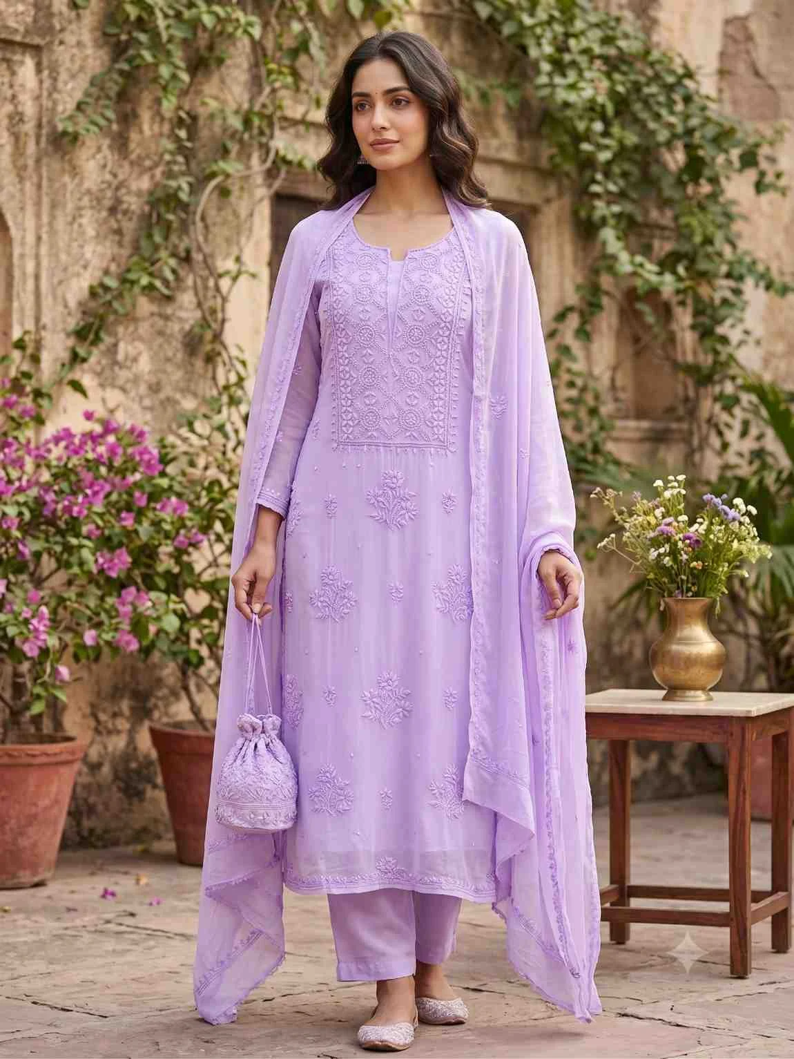Lavender Noor Chikankari Georgette Unstitched Suit — Lavender Noor Chikankari Georgette Suit — Nari18 Unstitched Suit