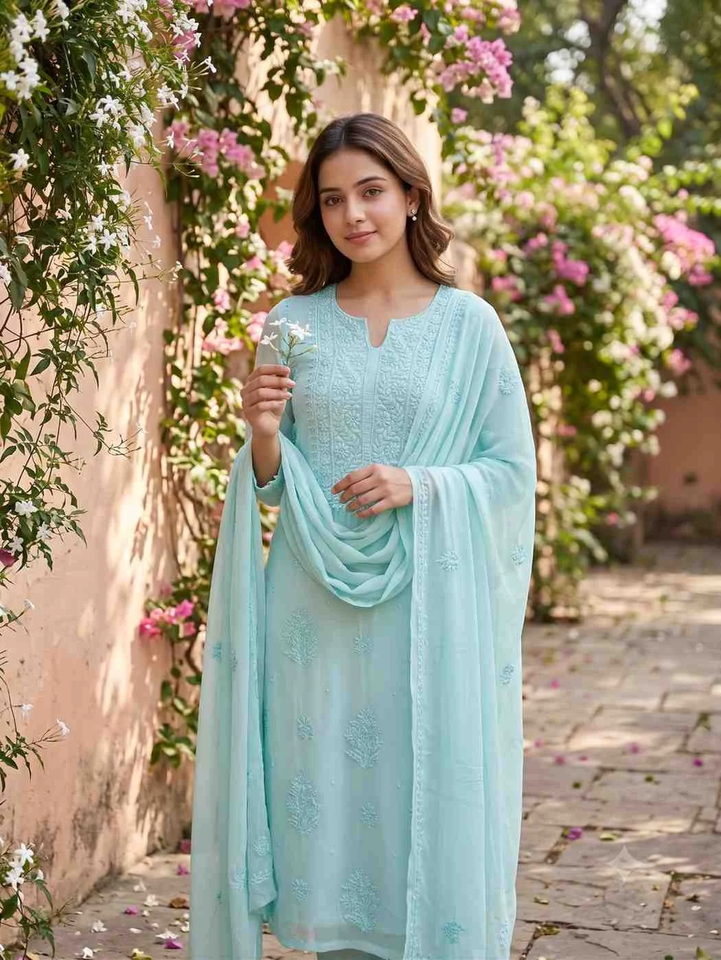 Lavender Noor Chikankari Georgette Unstitched Suit — Seafoam Noor Embroidered Suit colour | Nari18
