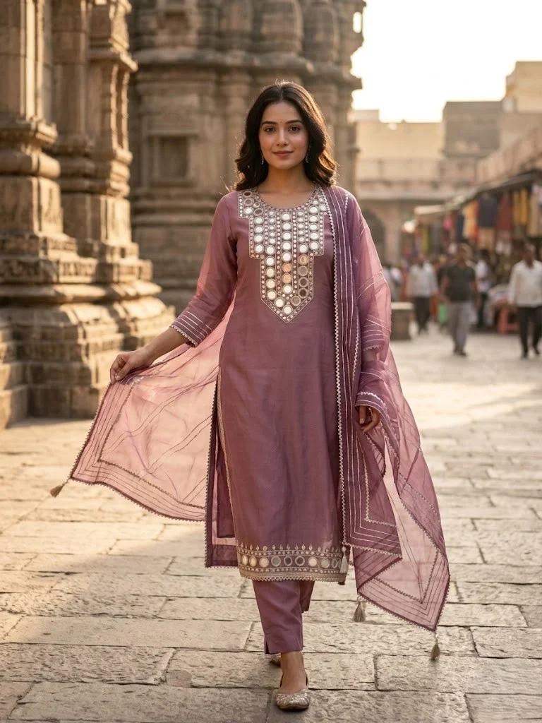 Mauve Mirror-Embellished Tissue Unstitched Suit — Mauve Mirror-Embellished Tissue Suit — Nari18 Unstitched Suit