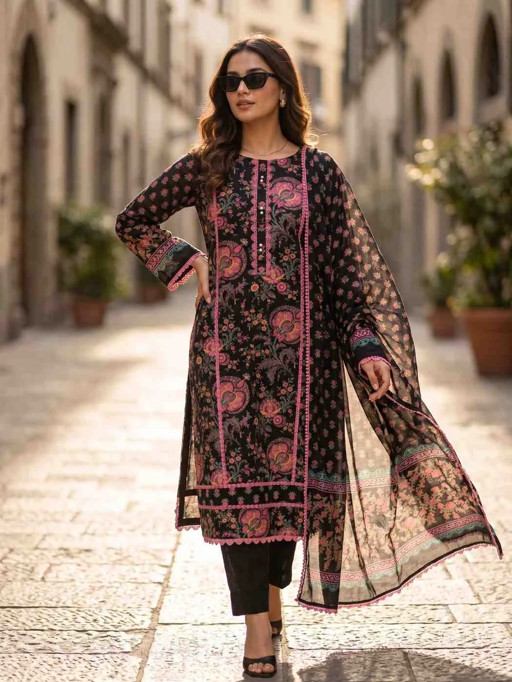 Midnight Gulnaar Printed Cotton Unstitched Suit — Midnight Gulnaar Printed Cotton Suit — Nari18 Unstitched Suit
