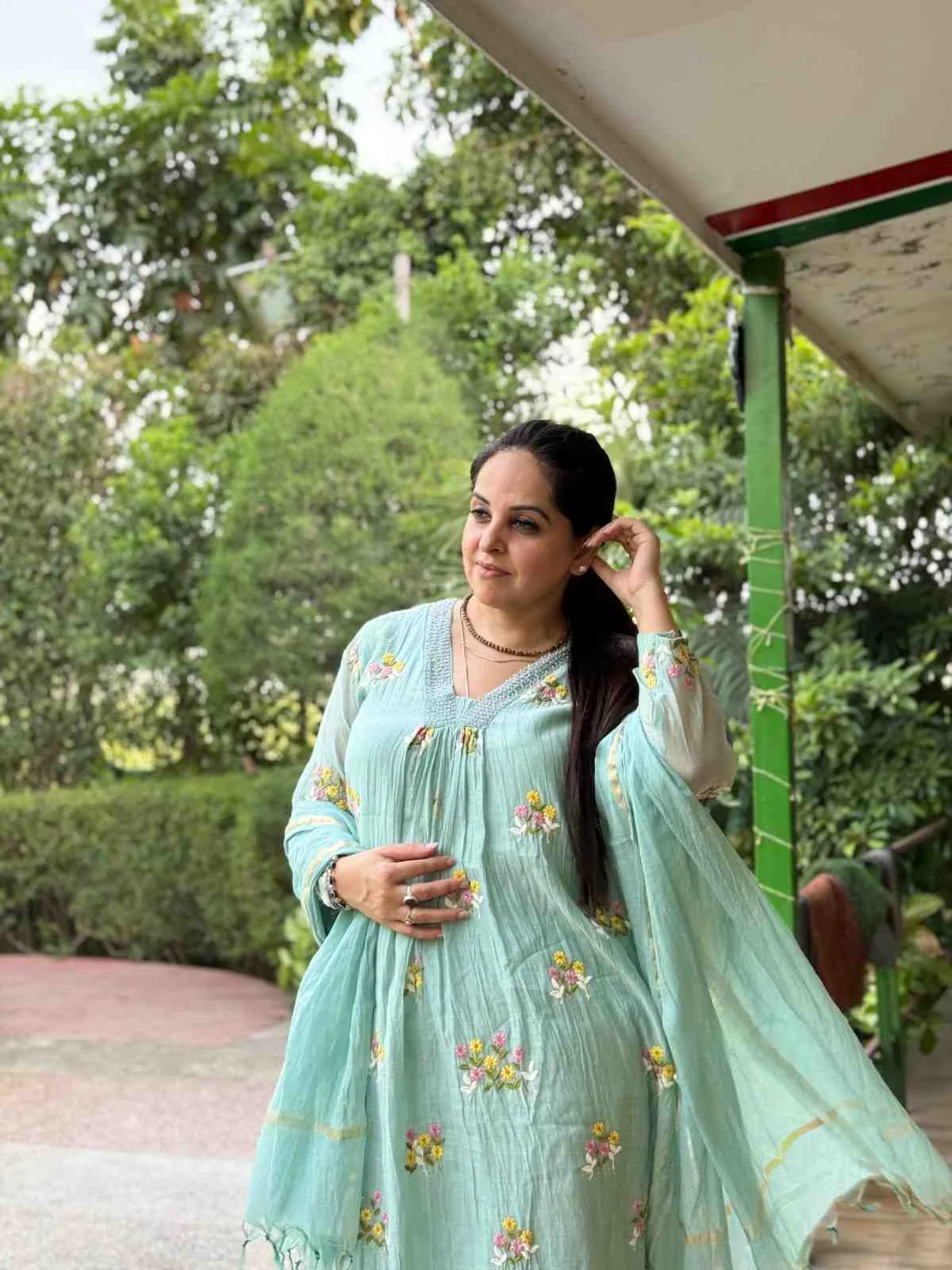 Mint Blossom Embroidered Mul Cotton Unstitched Suit — Mint Blossom Embroidered Mul Cotton Suit — Nari18 Unstitched Suit