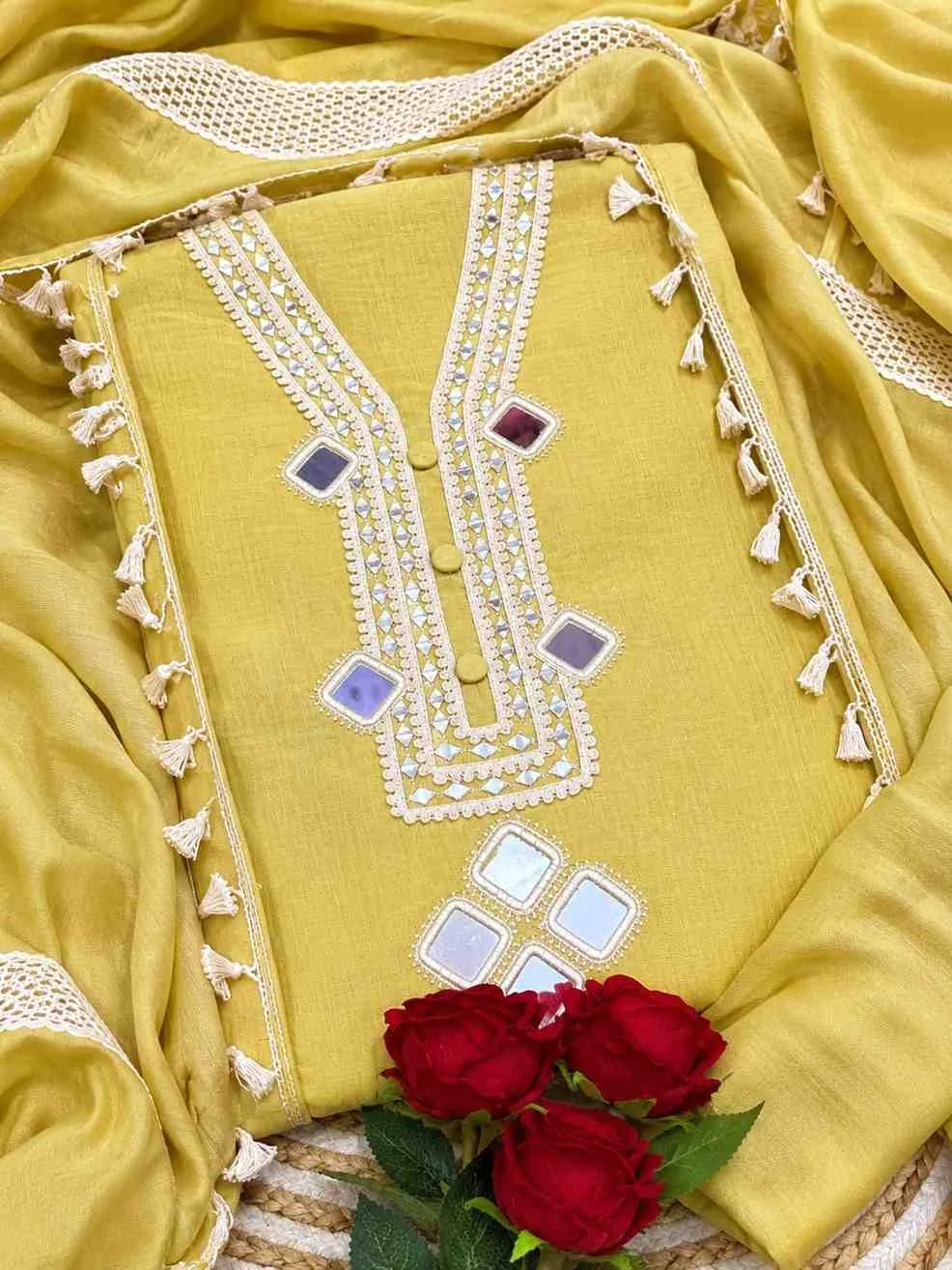 Mint Mirage Mirror Mul Cotton Unstitched Suit — Citrine Mirror Mul Cotton Suit colour | Nari18