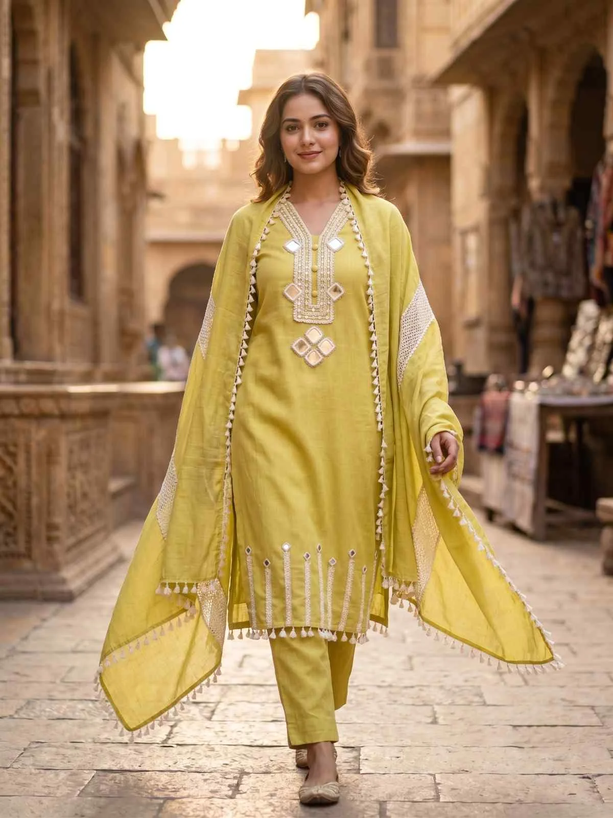 Mint Mirage Mirror Mul Cotton Unstitched Suit — Citrine Mirror Mul Cotton Suit colour | Nari18