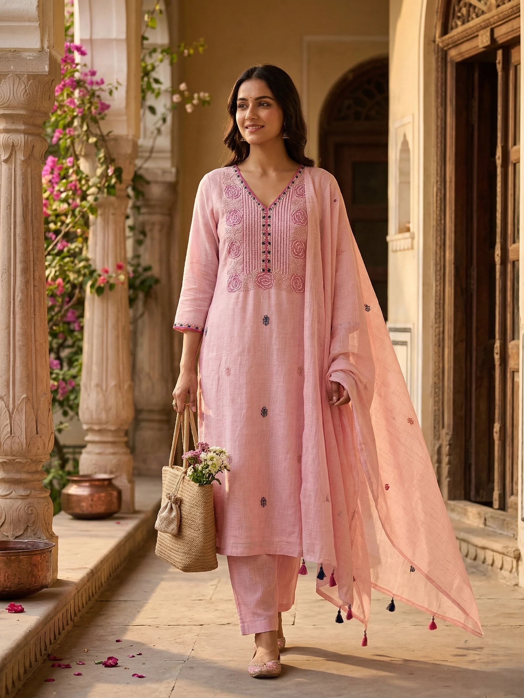 Mint Sage Hand-Embroidered Unstitched Suit — Powder Pink Hand-Embroidered Suit colour | Nari18