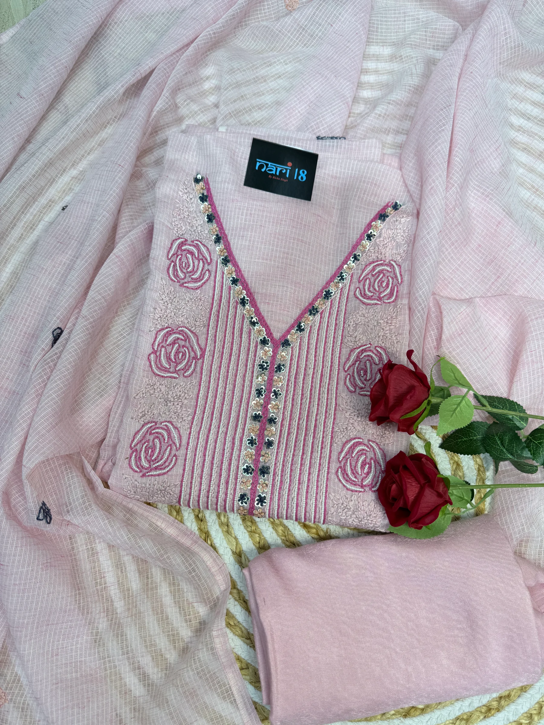 Mint Sage Hand-Embroidered Unstitched Suit — Powder Pink Hand-Embroidered Suit colour | Nari18