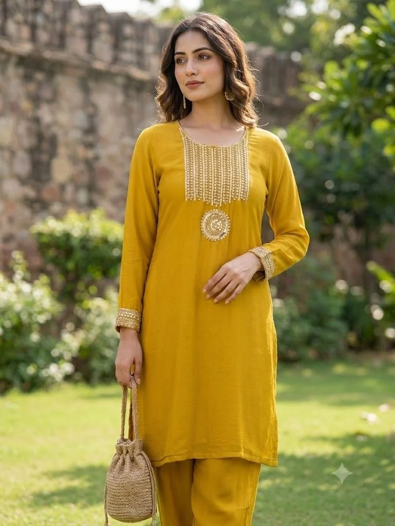 Mustard Glow Chiffon Co-ord Set — Mustard Glow Chiffon Co-ord Set — Nari18 Unstitched Suit