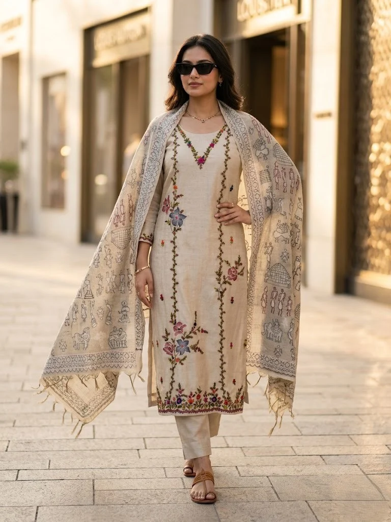 Natural beige / warm ivory Colour Unstitched Suit — Natural beige / warm ivory Colour Suit — Nari18 Unstitched Suit