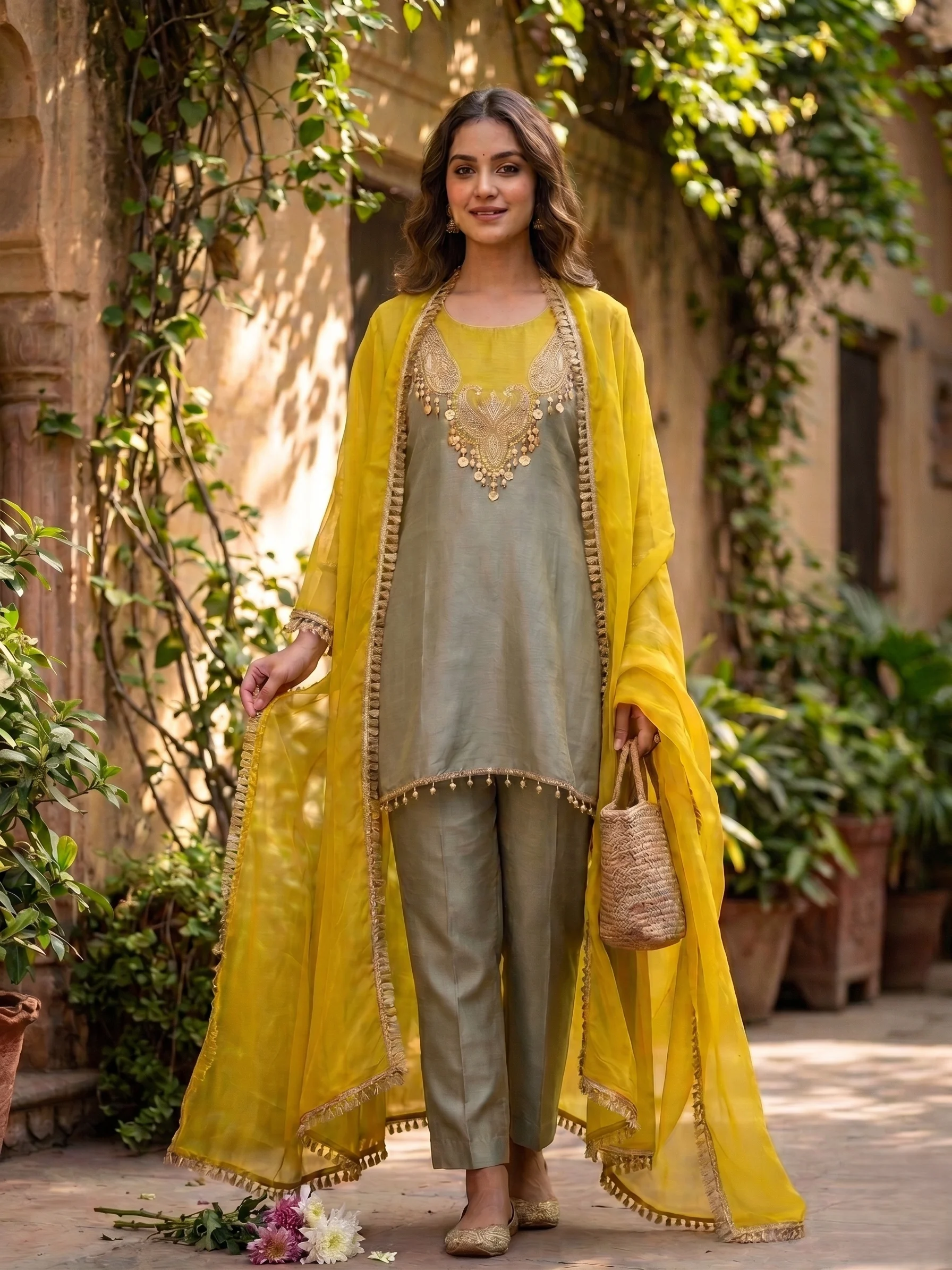 Olive Gold Festive Co-ord Set — Olive Gold Festive Co-ord Set — Nari18 Unstitched Suit