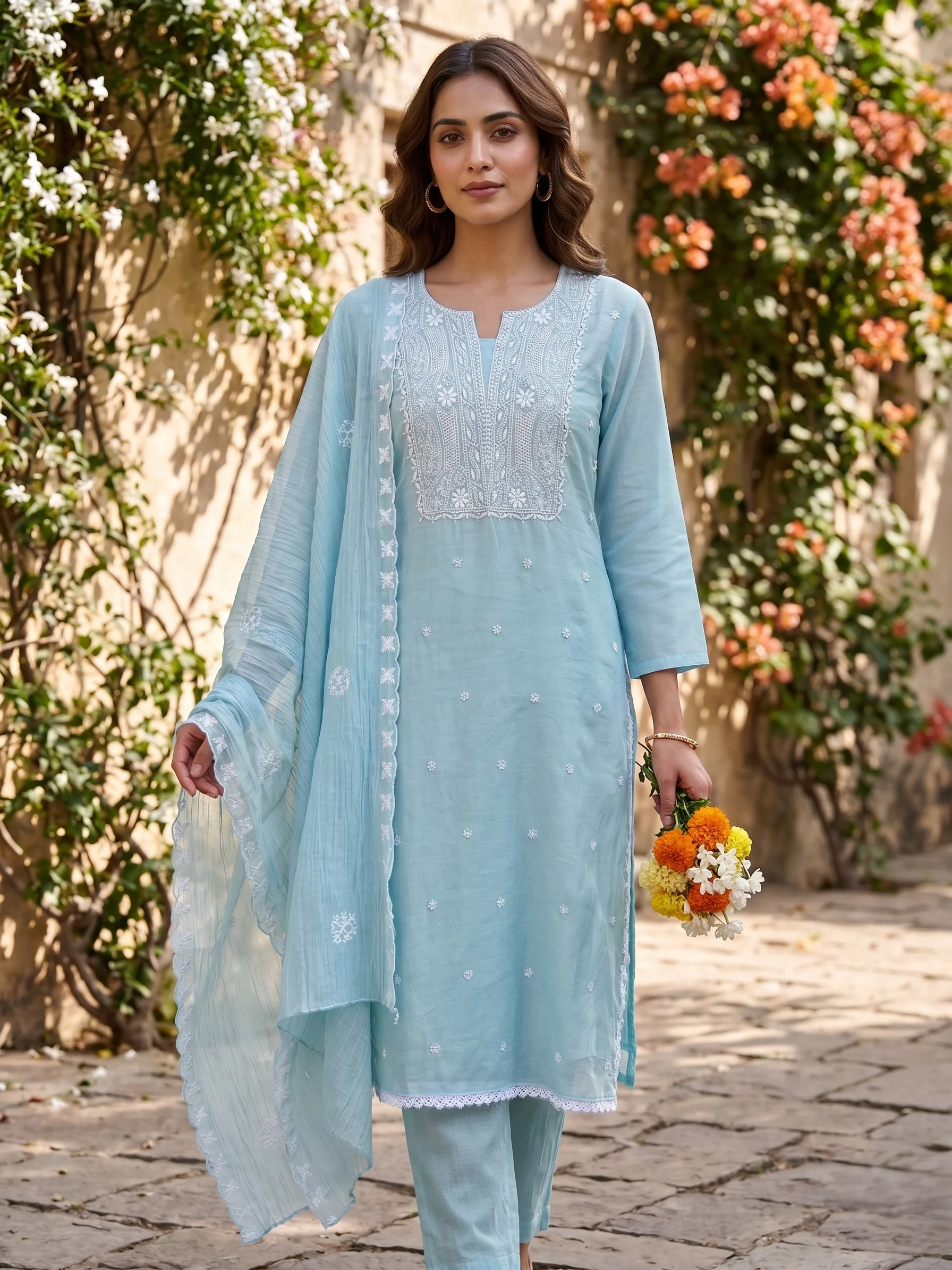 Pastel Aqua Mul Cotton Embroidered Unstitched Suit — Pastel Aqua Mul Cotton Embroidered Suit — Nari18 Unstitched Suit