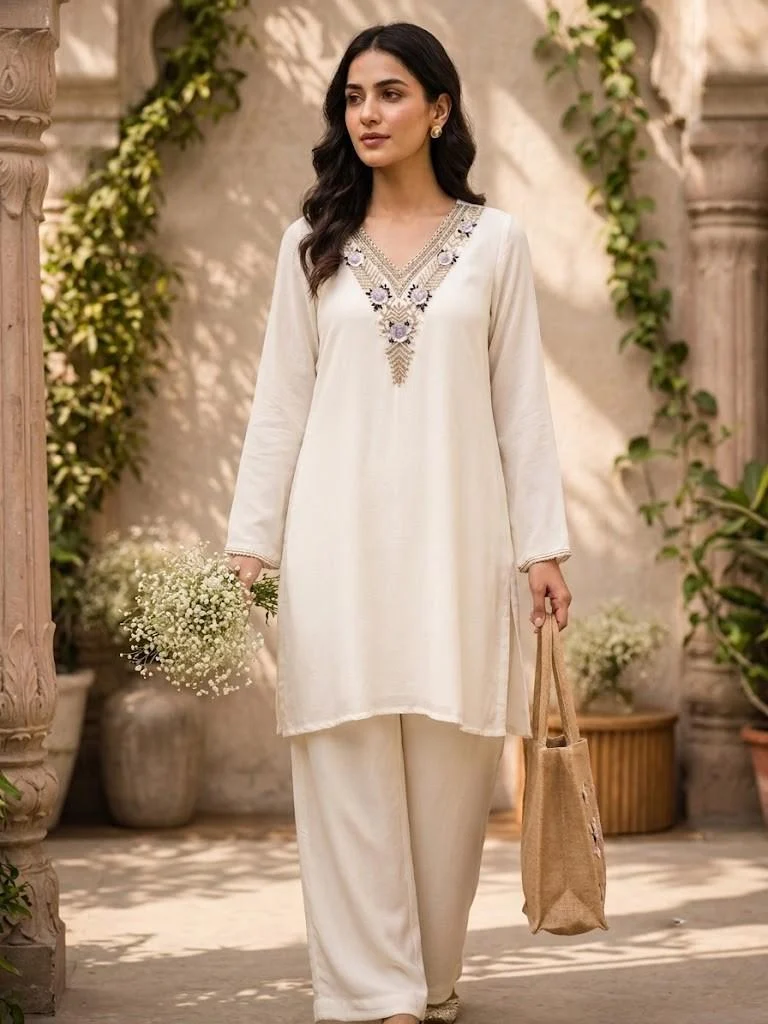 Pearl Ivory Chiffon Co-ord Set — Pearl Ivory Chiffon Co-ord Set — Nari18 Unstitched Suit