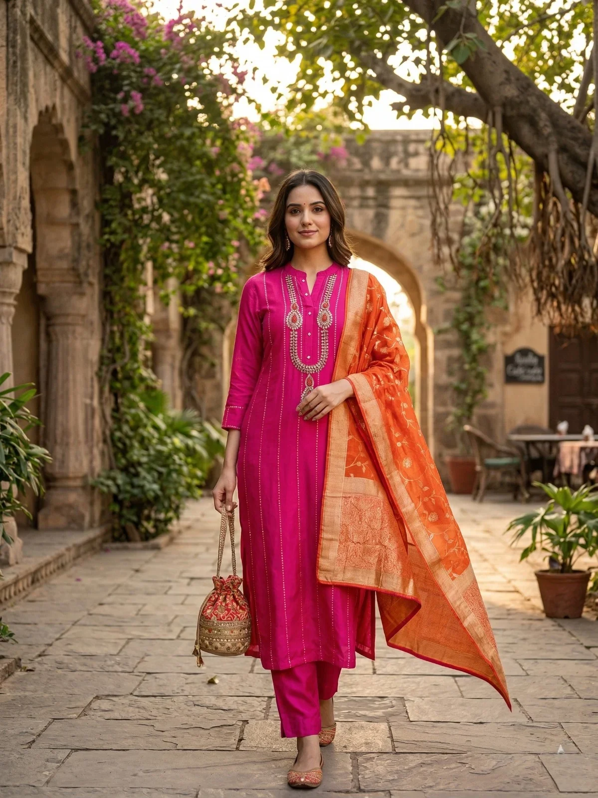 Pink Silk Kundan Neckline Unstitched Suit — Pink Silk Kundan Neckline Suit — Nari18 Unstitched Suit