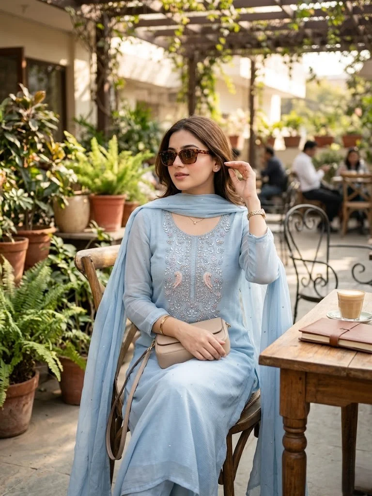 Powder Blue hand Embroidery Unstitched Suit — Powder Blue hand Embroidery Suit — Nari18 Unstitched Suit