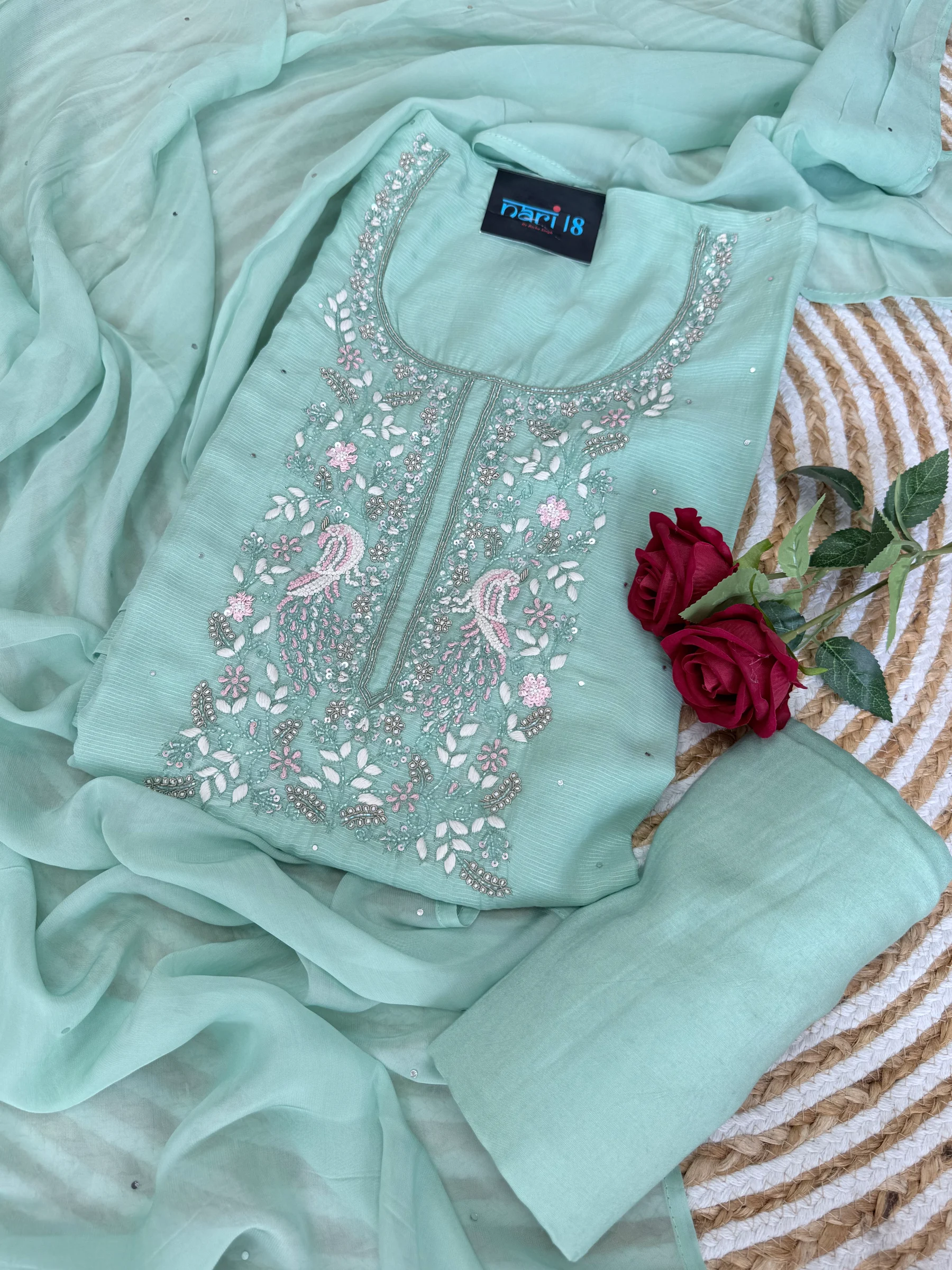 Powder Blue hand Embroidery Unstitched Suit — Soft Mint Green hand Embroidery Suit colour | Nari18