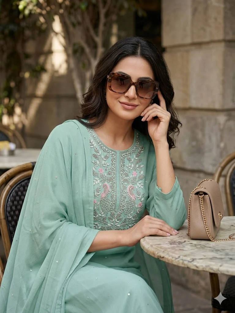 Powder Blue hand Embroidery Unstitched Suit — Soft Mint Green hand Embroidery Suit colour | Nari18