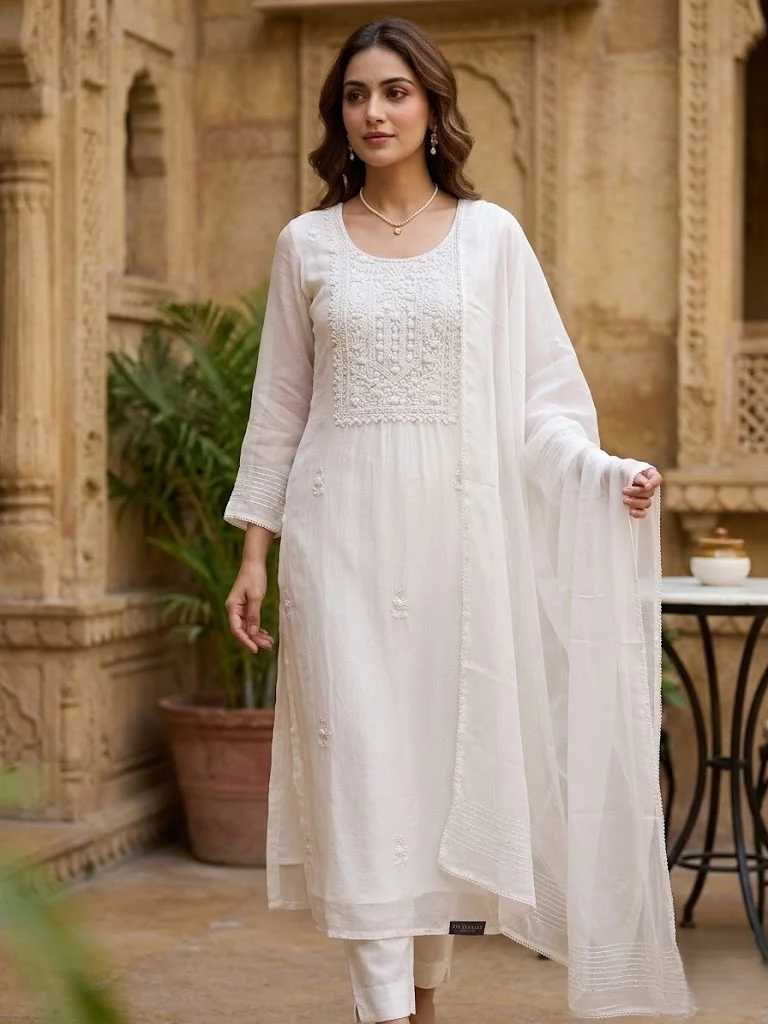 Powder Blue Organza Embroidered Unstitched Suit — White Organza Embroidered Suit colour | Nari18