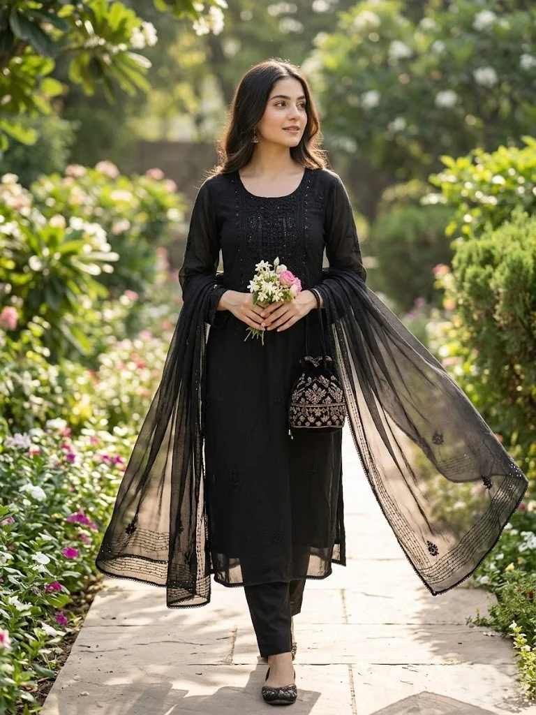 Powder Blue Organza Embroidered Unstitched Suit — Black Organza Embroidered Suit colour | Nari18