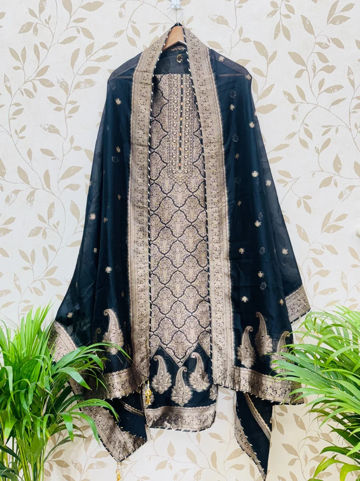 Premium royal blue banarasi silk unstitched suit premium royal black banarasi silk suit - Nari18