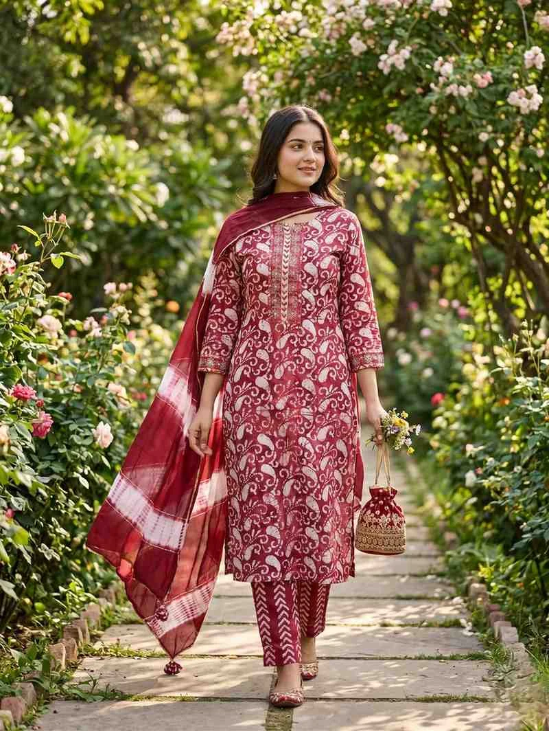 Rangrez Rouge Cotton Unstitched Suit — Rangrez Rouge Cotton Suit Set — Nari18 Unstitched Suit