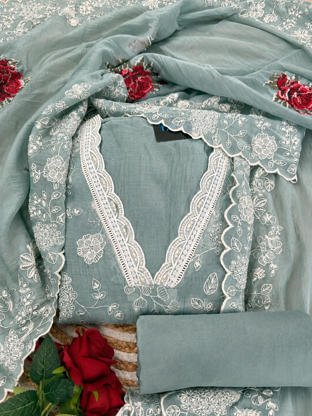Rosé Elegance Mul Cotton Unstitched Suit — Sage Rose Mul Cotton Embroidered Suit colour | Nari18