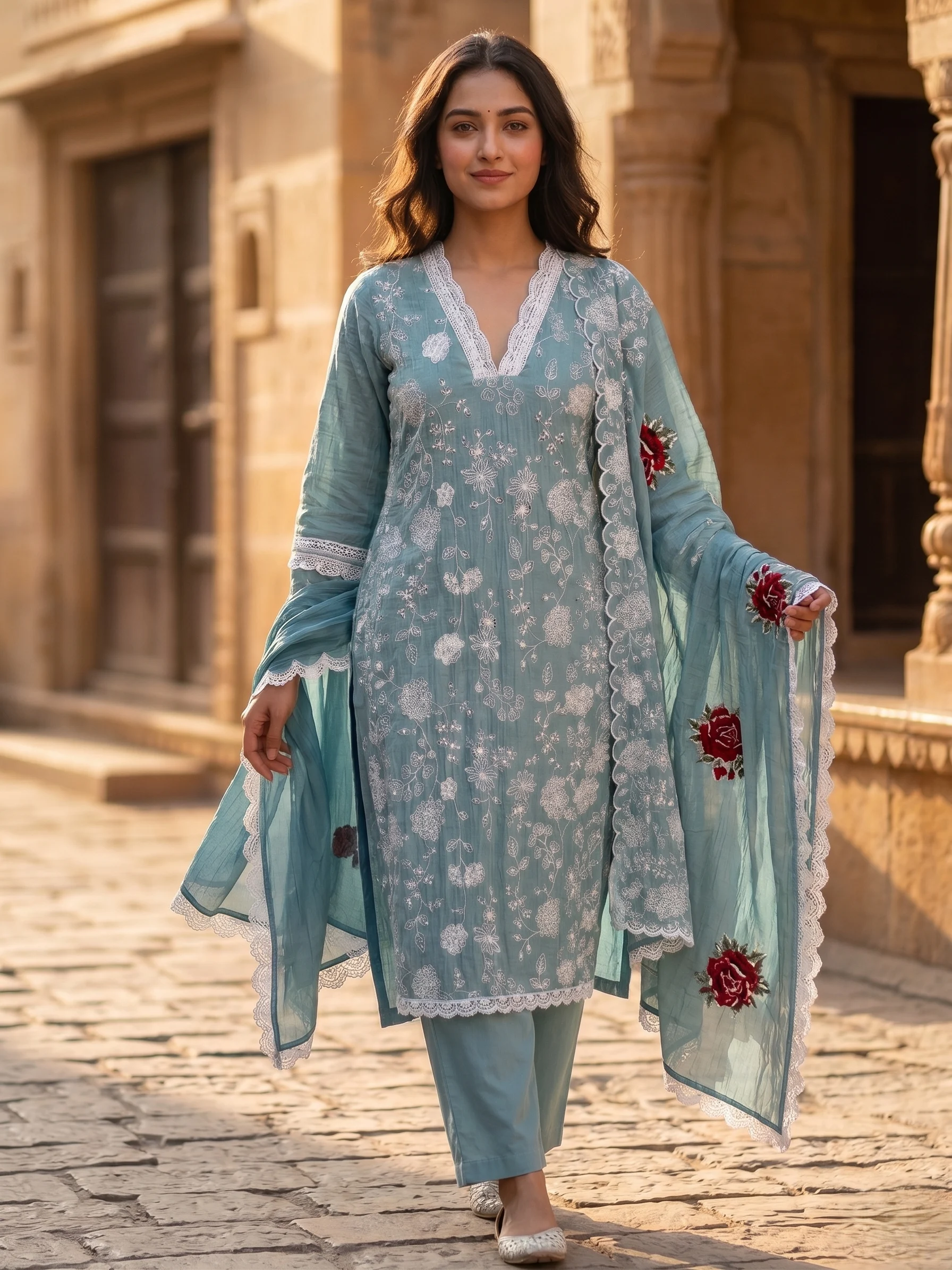 Rosé Elegance Mul Cotton Unstitched Suit — Sage Rose Mul Cotton Embroidered Suit colour | Nari18