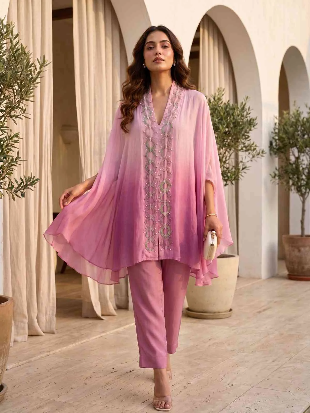 Rose Mist Cape Co-ord Set — Rose Mist Cape Co-ord Set — Nari18 Unstitched Suit