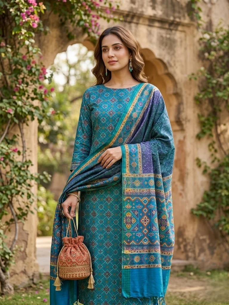 Royal Blue & Amethyst Ikat Silk Unstitched Suit — Teal Blue & Charcoal Ikat Silk Suit colour | Nari18