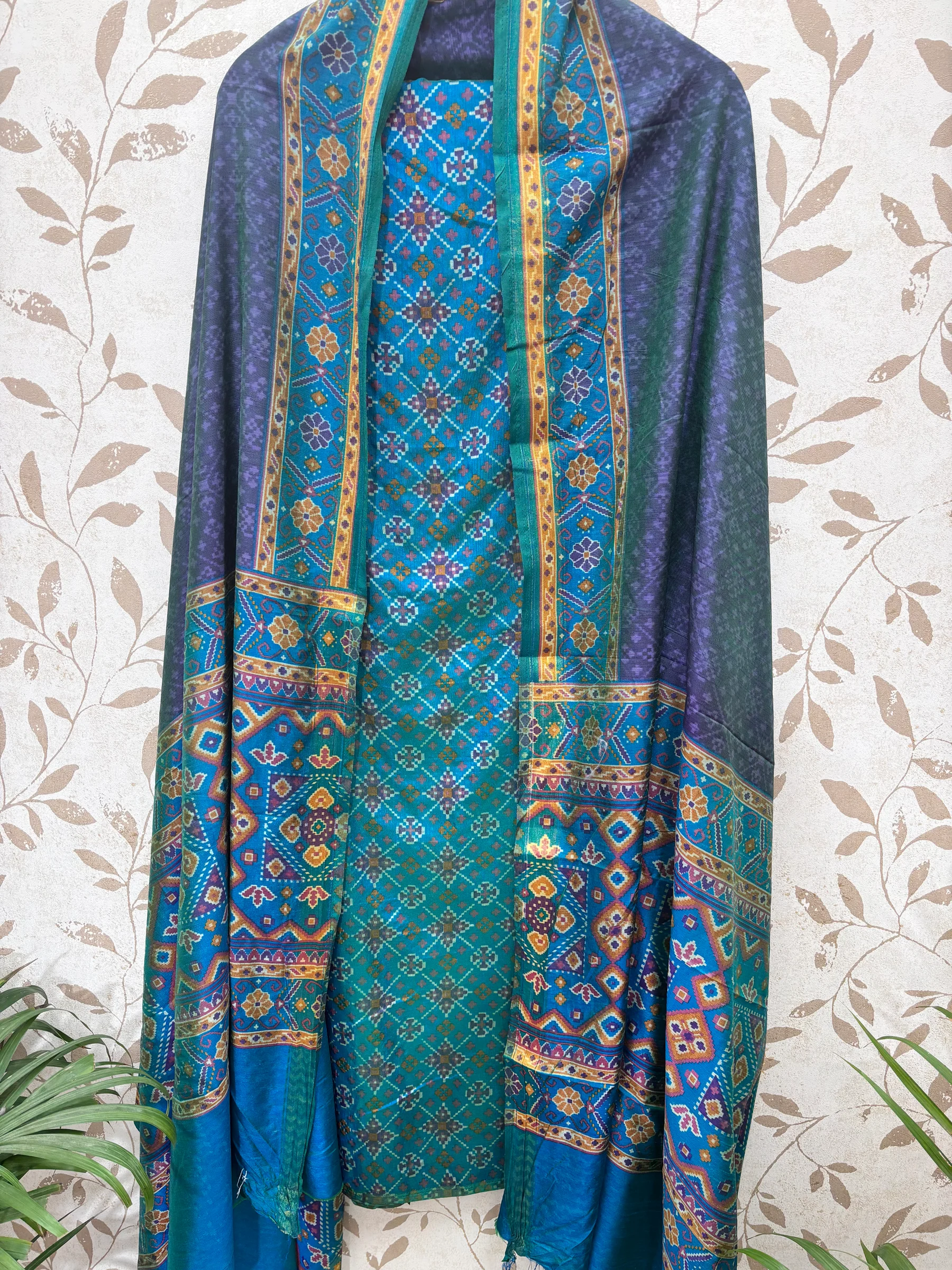 Royal Blue & Amethyst Ikat Silk Unstitched Suit — Teal Blue & Charcoal Ikat Silk Suit colour | Nari18