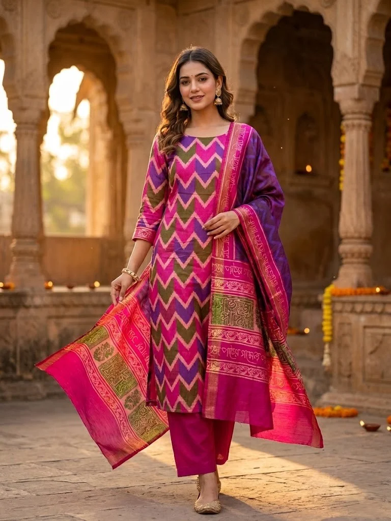Royal Blue & Violet Ikat Silk Unstitched Suit — Magenta & Violet Ikat Silk Suit colour | Nari18