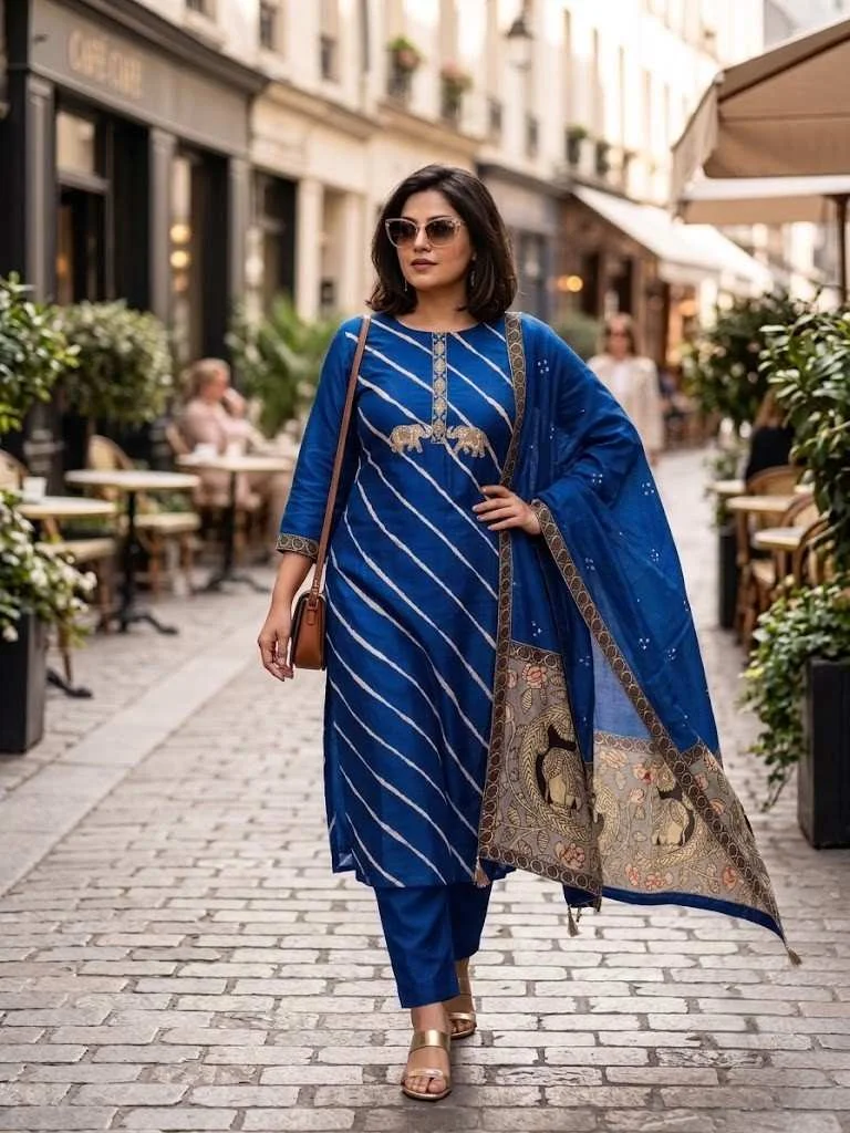 Royal Indigo Leheriya Silk Unstitched Suit — Royal Indigo Leheriya Silk Suit — Nari18 Unstitched Suit