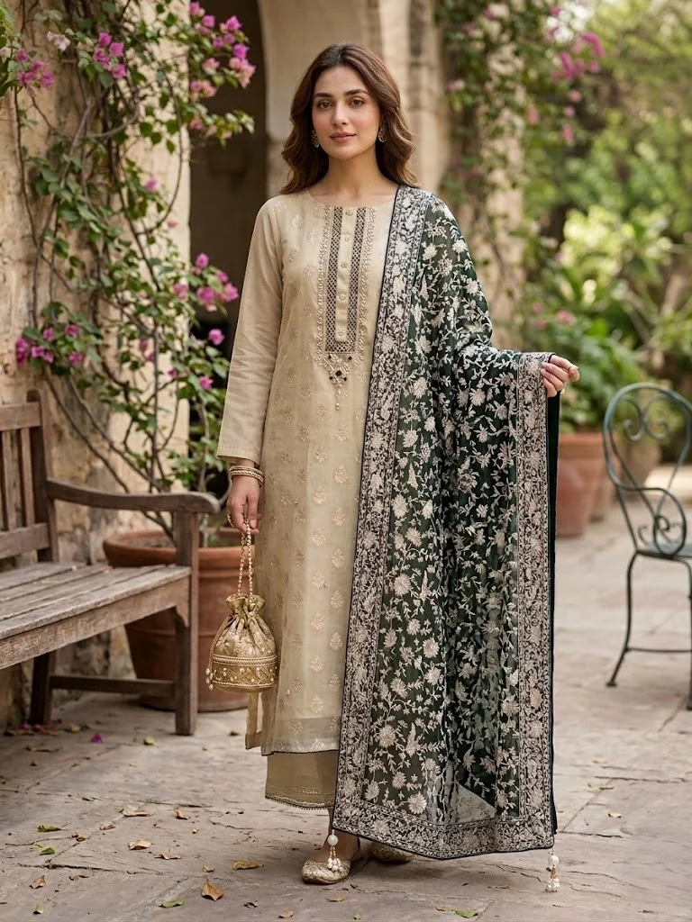 Sage & Emerald Heritage Embroidered Unstitched Suit — Designer Soft Ivory / Off-White (Cream tone) Suit colour | Nari18